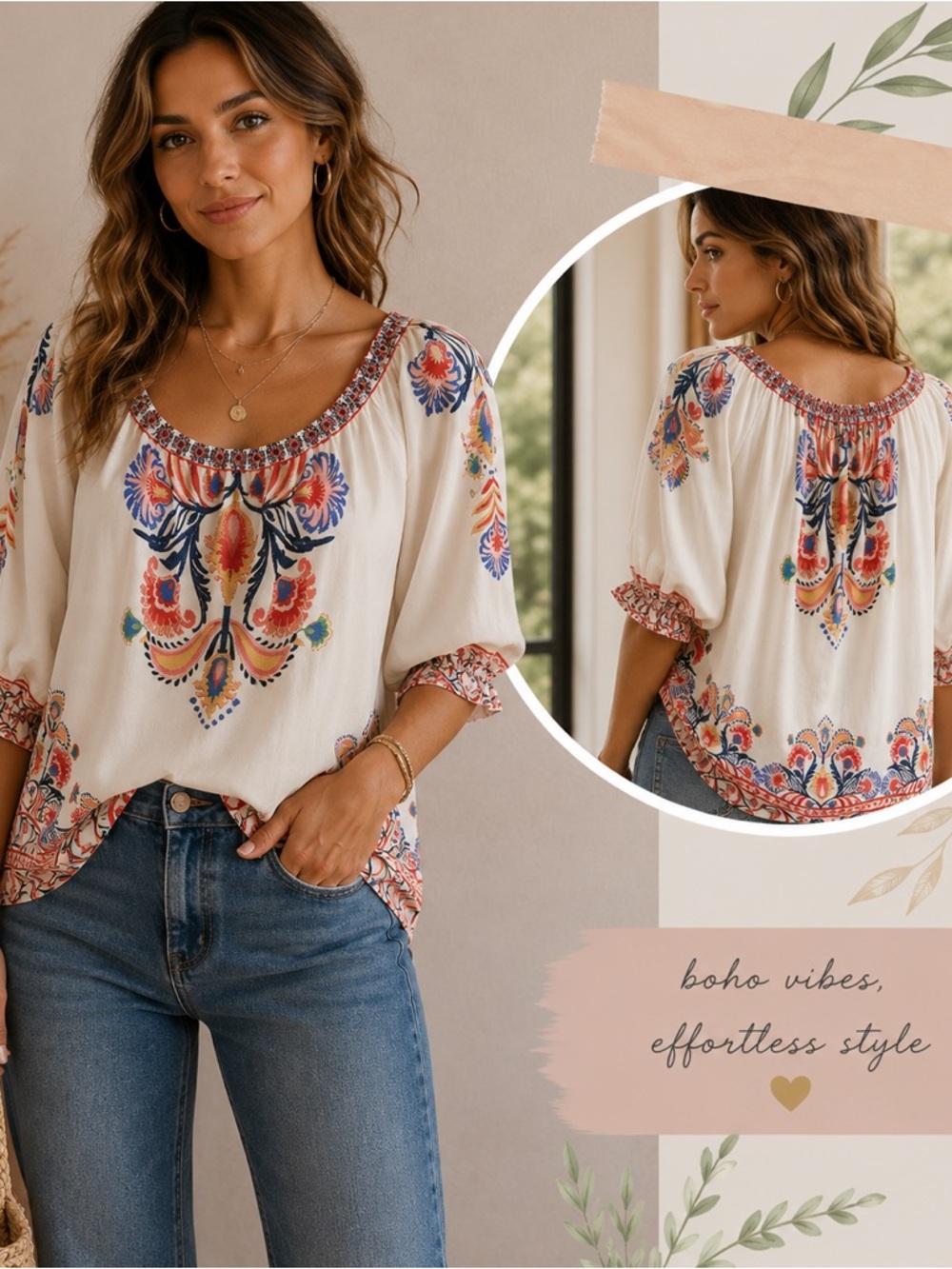 Boho Peasant Top - Cream with Multicolor Print